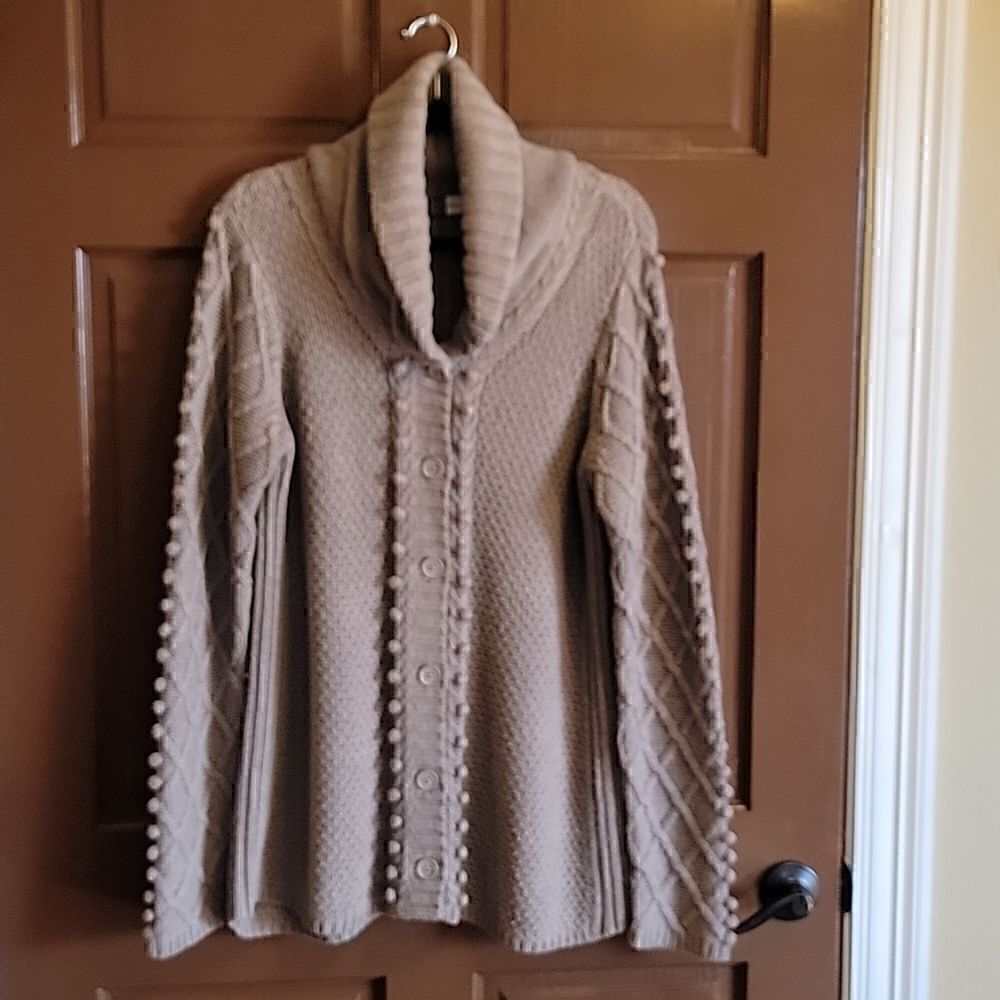 Saks Fifth Avenue-Wool/Cotton taupe shawl neck sweater L
